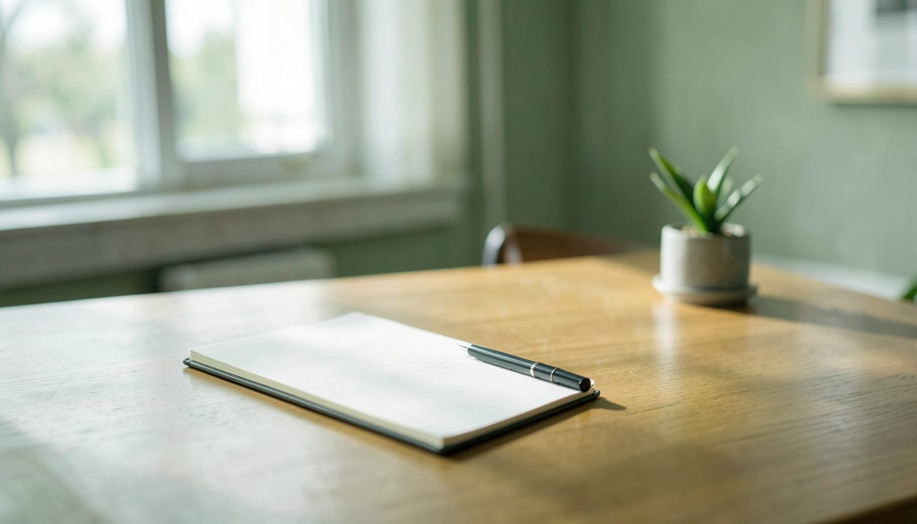 Wooden table with an open notebook, pen, and small potted succulent near a window, calm soft-lit mood